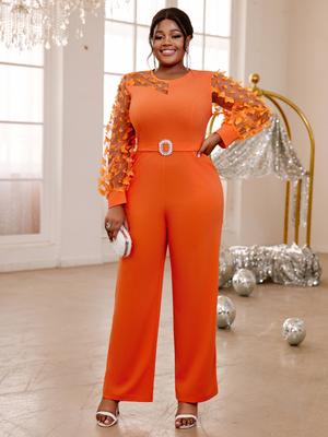 Orangefarbener Jumpsuit mit weitem Bein für Damen, O-Ausschnitt, lange durchsichtige Ärmel, hohe Taille, Strampler für Cocktailpartys