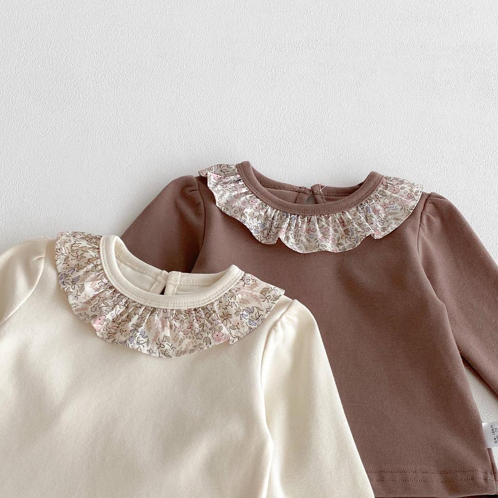 2025 Korean Style Floral Lace Peter Pan Collar Long Sleeve Baby Girls' Top