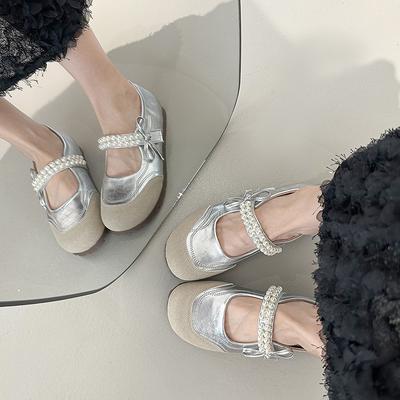 Gentle Evening Breeze Pearl Bow Mary Jane Shoes Women's 2025 Summer New Silver Single Shoes Flat Jk Small Leather Shoes