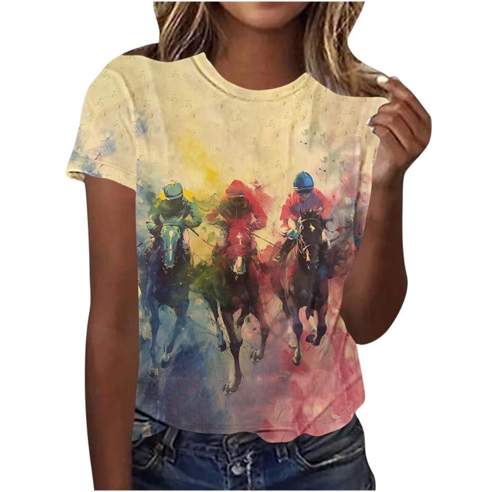 Nuova T-shirt da Uomo a Manica Corta con Stampa 3D di Cavalli da Corsa Personalità Animale Cavallo Girocollo Estiva Casual Abbigliamento Donna
