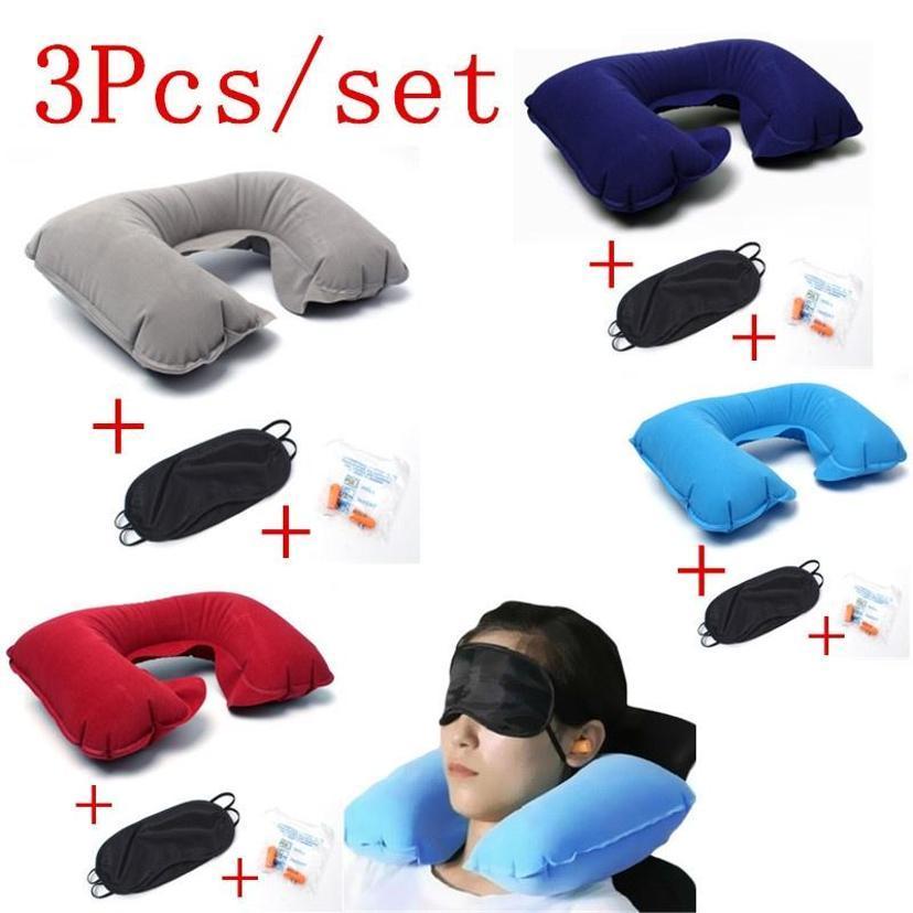 3Pcs/pack Soft U Shaped Air Inflatable Pillow Portable Flock (1 Pc Pillow+1 Pc Eye Cover+1Pc Earplug)