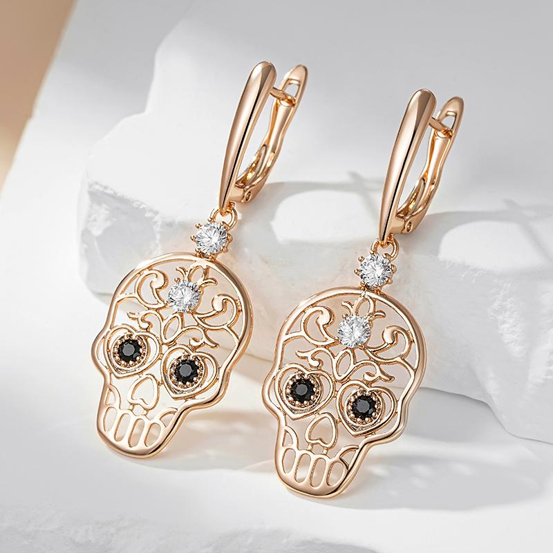 Kienl   Rose Gold Color Skull Punk Big Drop Earring For Women Glossy Natural Zircon Accessories Trend Daily Jewelry