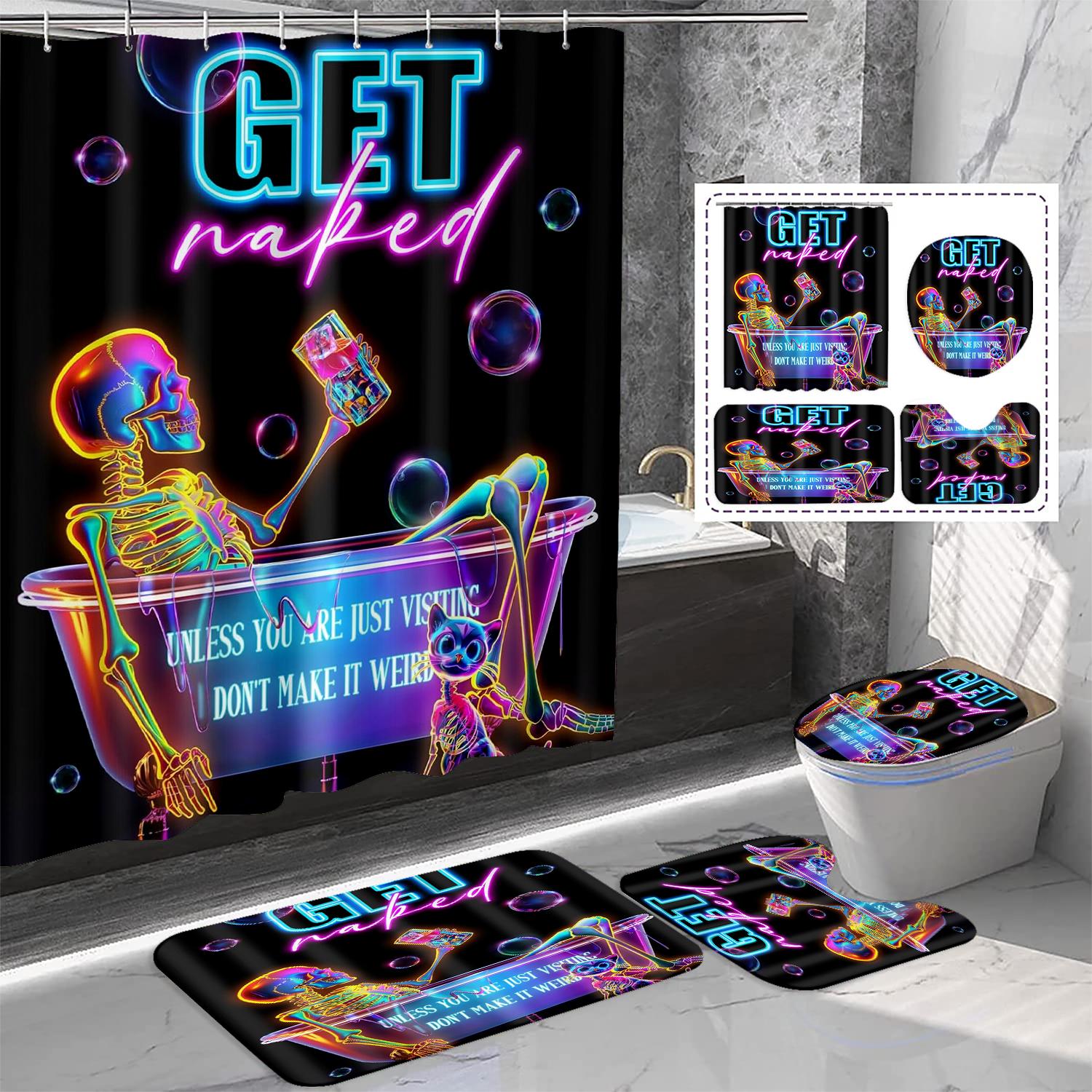

Neon Skull Bathroom Set With Shower Curtain,Toilet Lid Cover & Mats | Get Nafed Skeleton In Bathtub | Funky Neon Home Decor Gift W60H190(CM)-1 Pcs