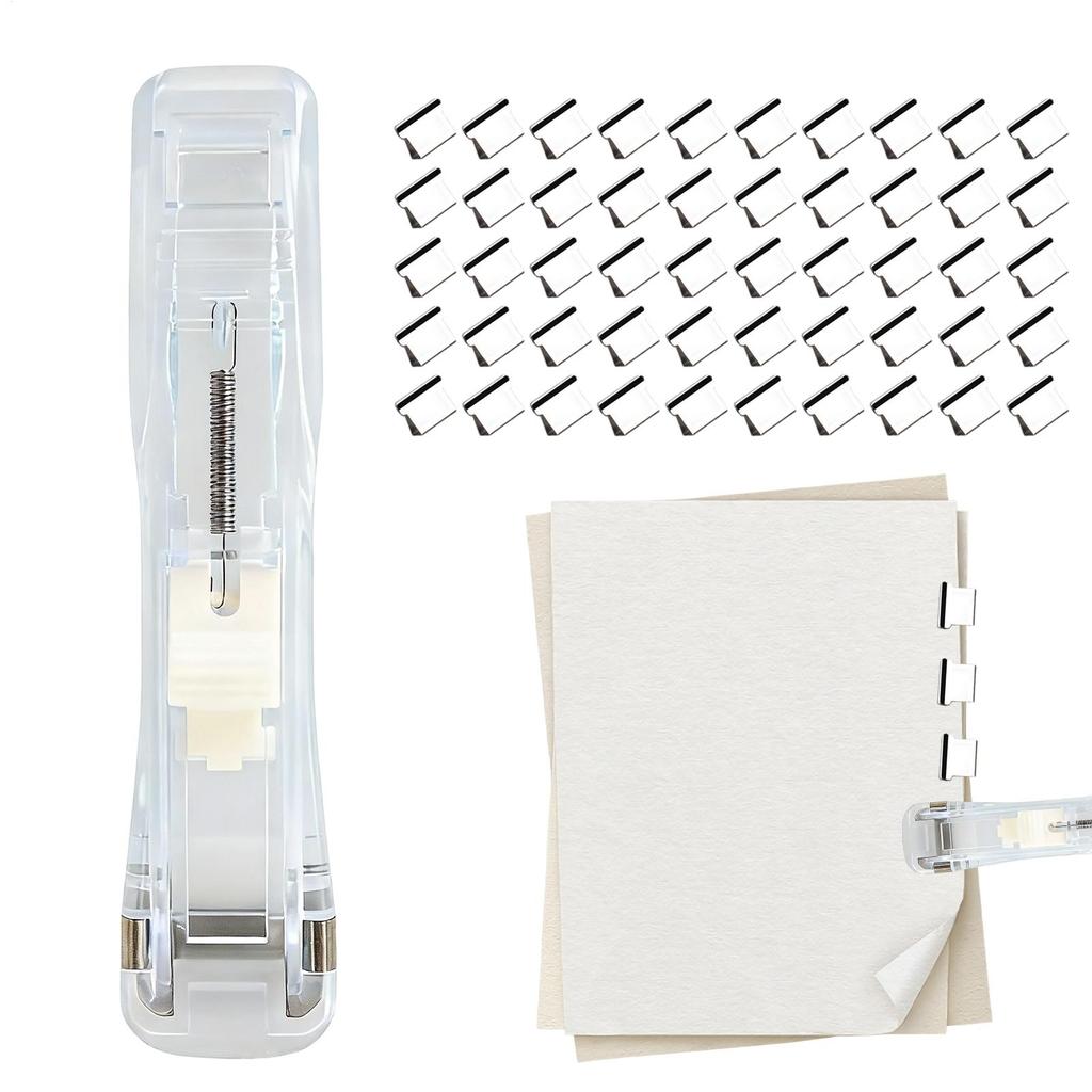 Small Stapler School Push Binder Clamp Dispenser Reusable Binder Clip Stapler for Document Home School Office Travel Classroom
