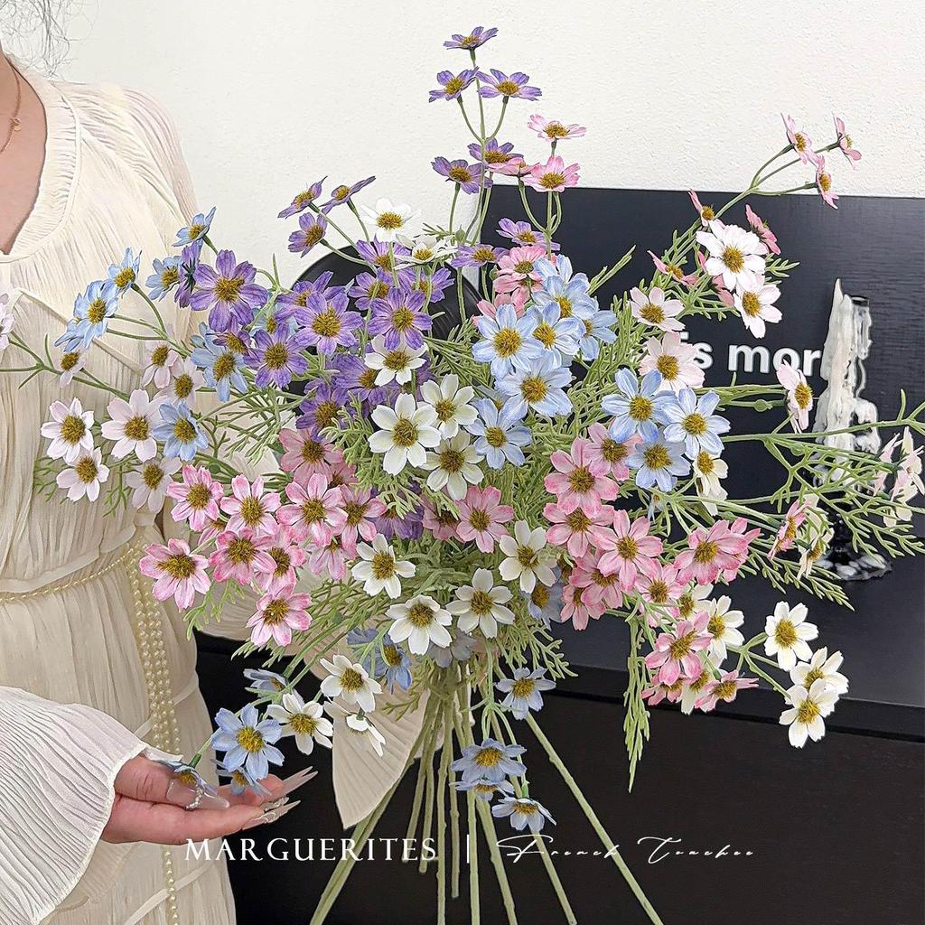 High-Grade Artificial 2-Branch Long Stem Flocked Small Daisy Bouquet for Home Dining Table Decor