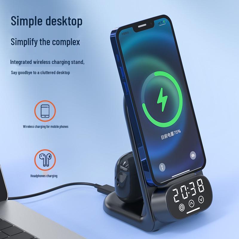 Multi-functional Wireless Charger & Phone Holder with Digital Clock and Bluetooth Earphone Dock
