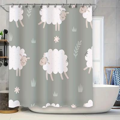 Whimsical Sheep Print Shower Curtain Set for Bathroom Decor Pink White Floral Design Fabric Bath Rug with Rings TaurusDuan