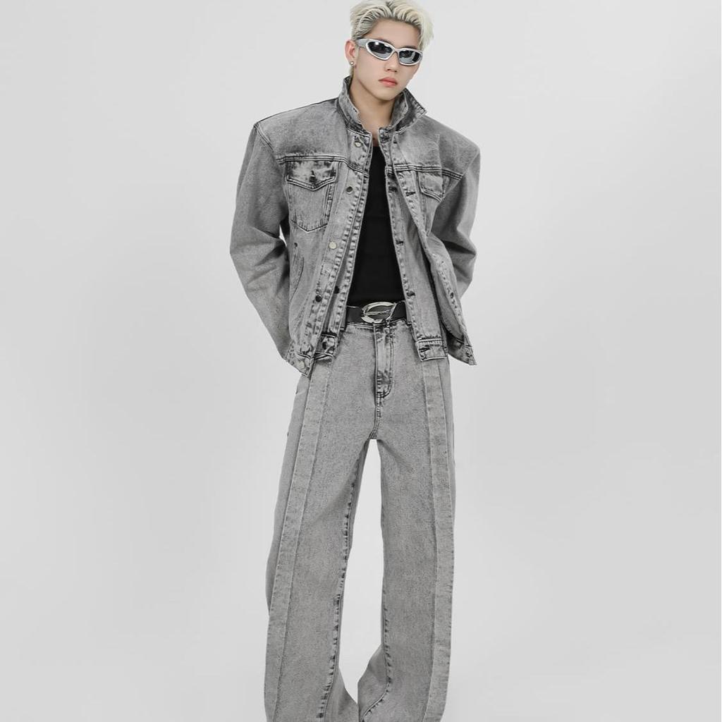 Men's Distressed Patchwork Denim Jacket with Shoulder Pads - Two-Piece Set