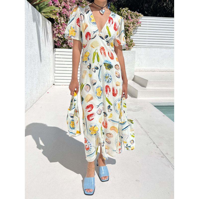 

Fashion 2024 New V Neck Sexy Loose Fairy All-Matching Casual Dress Color S