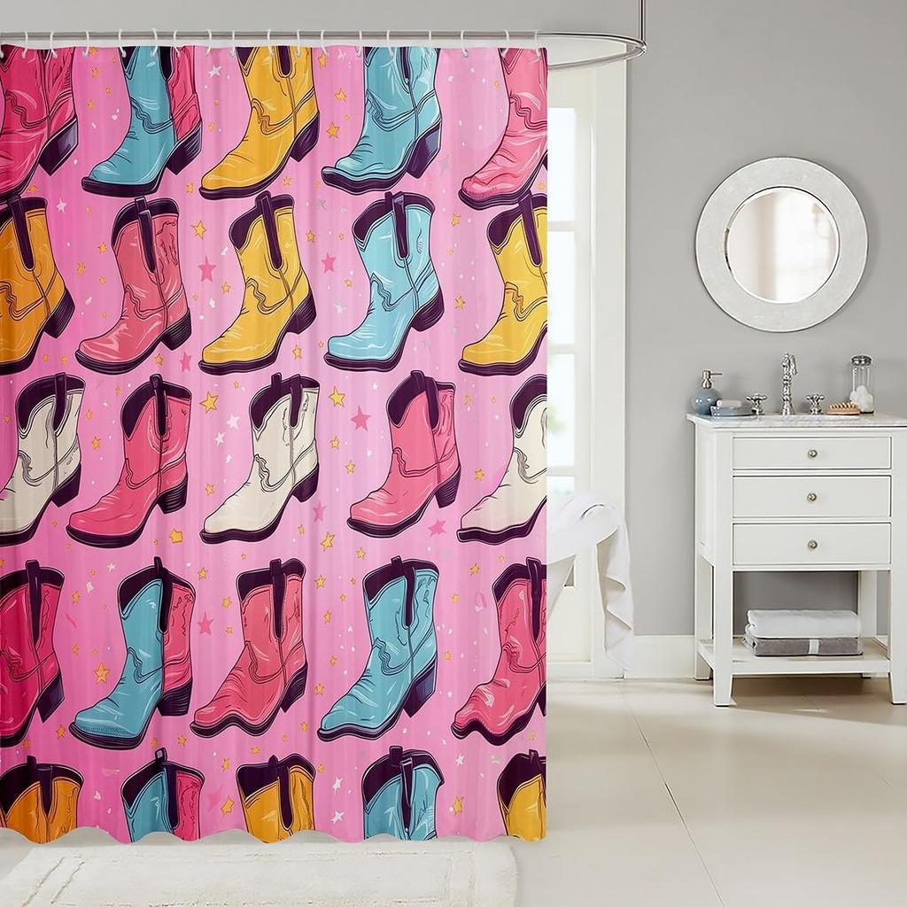 Cowboy Boots Woman Lshower Curtain Colorful Cowgirl Boots Bathroom Shower Curtain Sets,Stars Glitter Decorations Fabric Shower