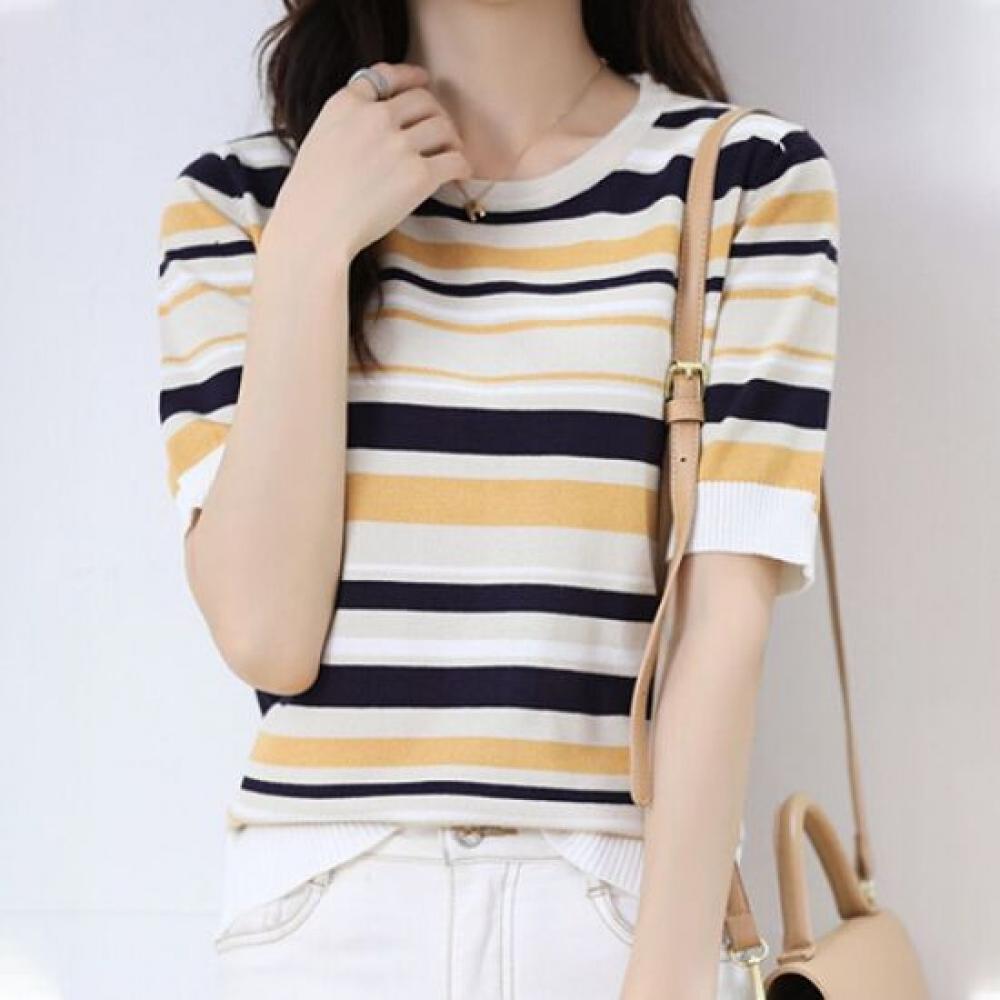 Navava Men Nk2230 Light Stripe Round Neck Short Sleeve Knit