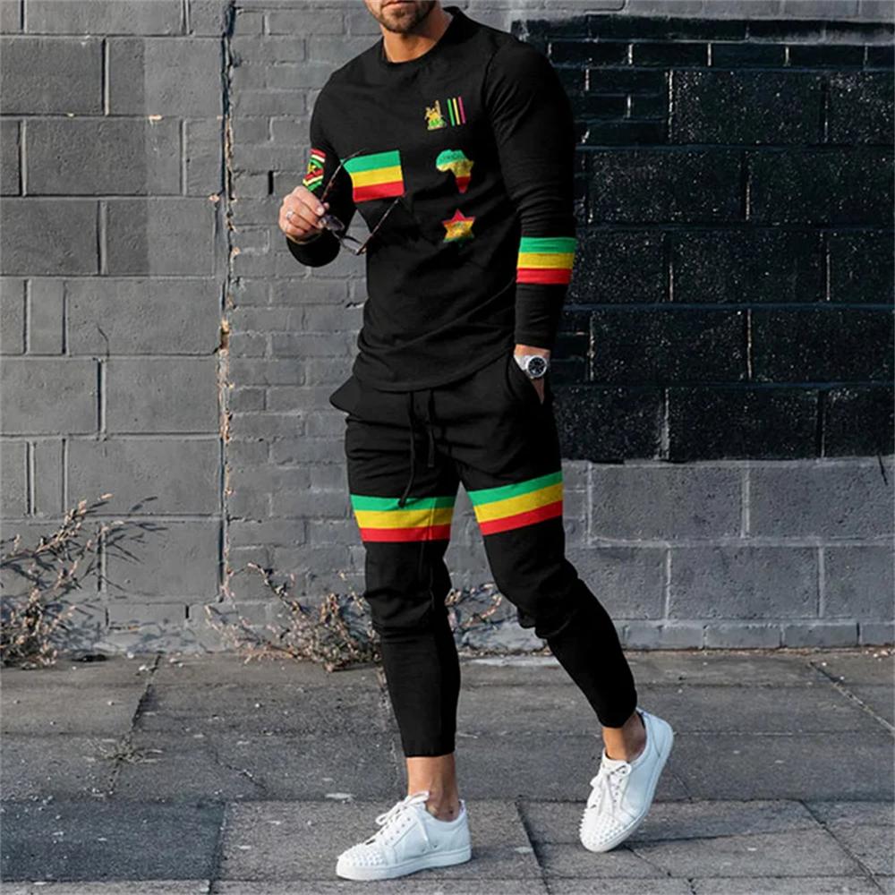 2023 Men High Quality Long Sleeve Set For Man Fashion Summer Design Printed T-Shirt Long Pants 2Pcs Outfit Clothing Sport Suit