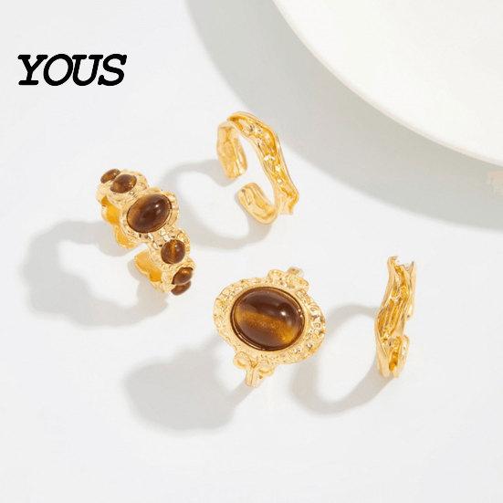 Tiger Eye Stone Ring 4Pcs/Set Finger Set, Scratch Resistant Adjustable Opening Stacking Rings for Women, Jewelry Gift Durable