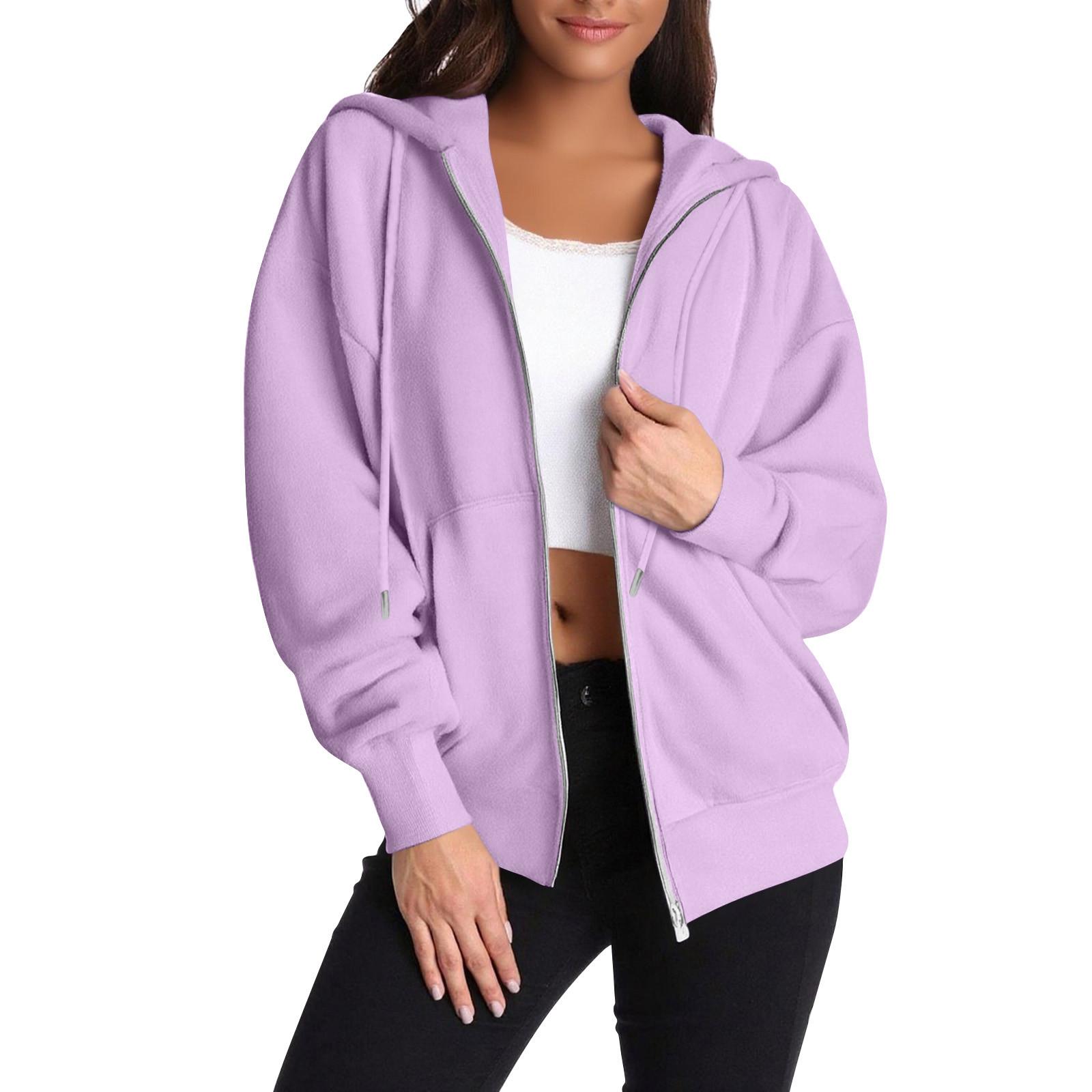 

Женская толстовка на молнии с длинным рукавом, спортивная куртка с карманом, модная одежда S светло-фиолетовый