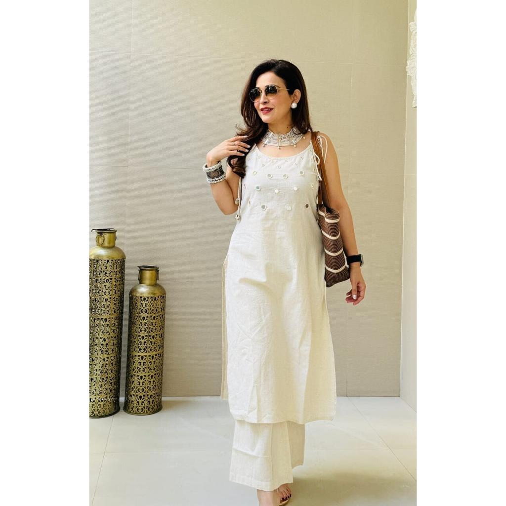 Indian Designer Cotton Slub Kurta Pant Set Women Party Wear Top Tunic Kurti SC-2164