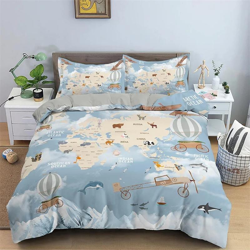 3D Print Map Pattern Bedding Set,Duvet Cover Comforter Bed Set Quilt Cover Pillowcase,King Queen Twin Size Boys Girls Adults