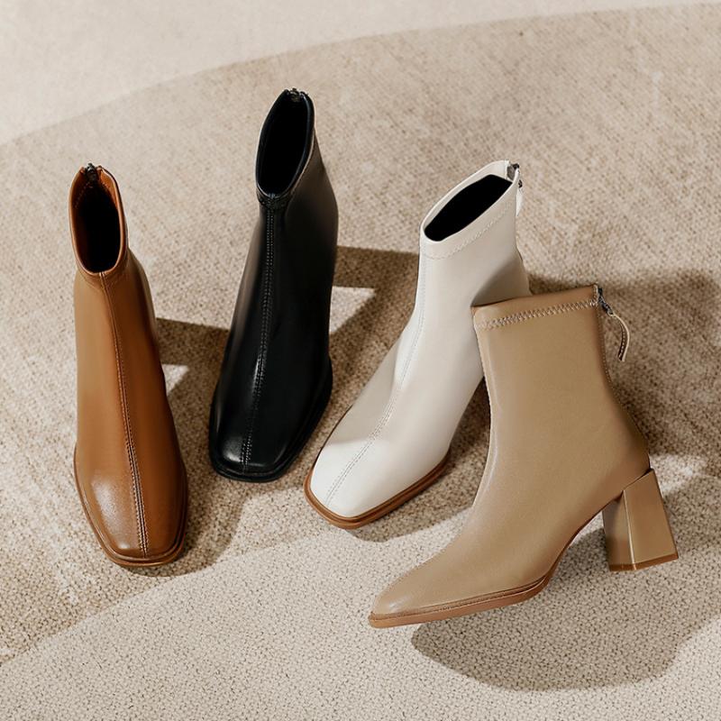 Γυναικείες Γαλλικές Μποτάκια Αστραγάλου με Ψηλό Τακούνι Μπότες Μόδας με Χοντρό Τακούνι Μαλακό Δέρμα Ανοιξιάτικες και Φθινοπωρινές Μονές Μπότες Μπότες με Τετράγωνη Μύτη