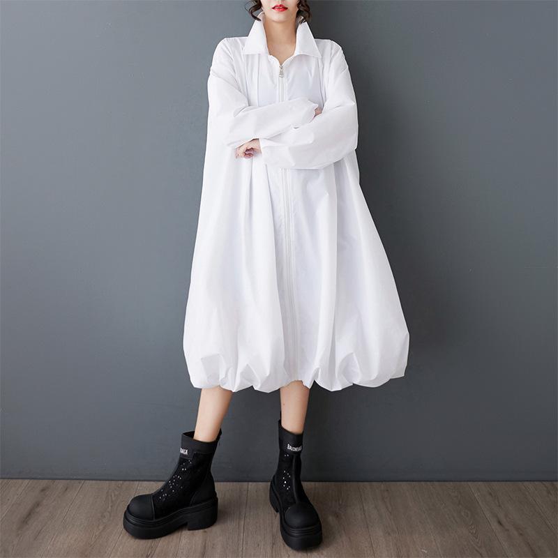 Women Oversized Shirt Dress Solid Color Zipper Long Sleeve Midi Dress Loose Lantern Hem Casual Dress