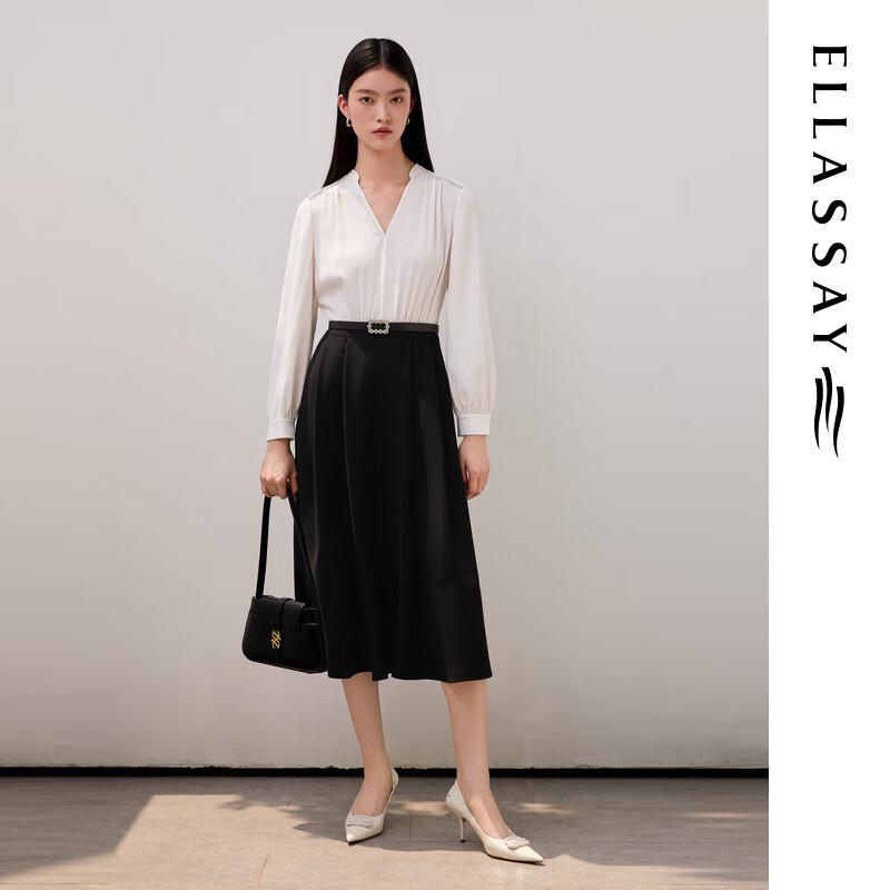

ELLASSAY Women s Elegant V-Neck Long Sleeve Dress with Obsidian Waist S