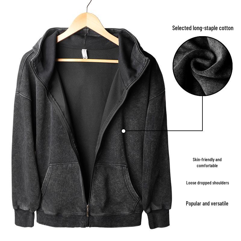 European Style 350g Cotton Hooded Distressed Zip-Up Cardigan - Unisex Trendy Jacket