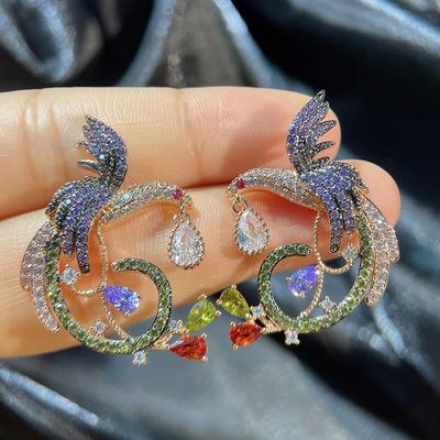 925 Silver Needle Fashion Heavy Industry Earrings Phoenix Color Earrings for Women Temperament Party Luxury Earrings