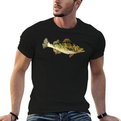Yellow Perch Fish Drawing- Dark Green T-Shirt Abstract Pattern Print Top