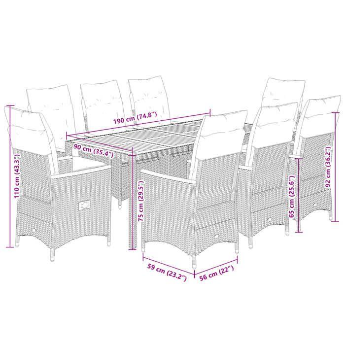 VidaXL Ensemble à manger de jardin 9pcs coussins noir résine tressée, ensemble de salle à manger d'extérieur 3276838