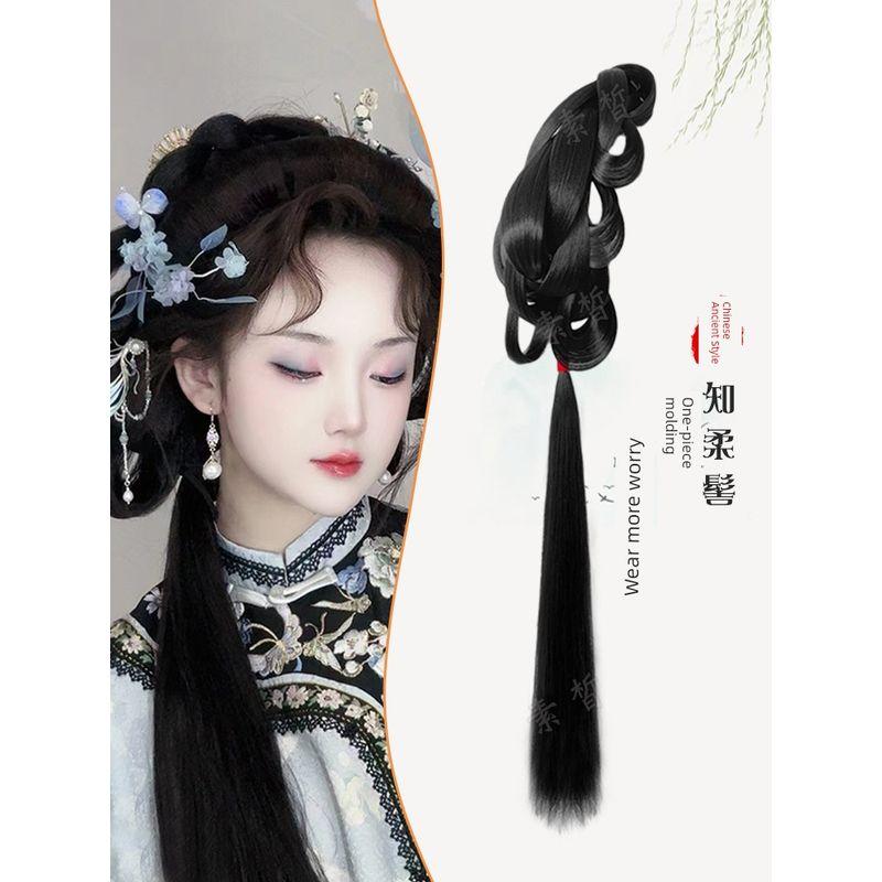 Qing Han Women's Ancient Costume Cheongsam Wearing Flower Headwear Braid Wig