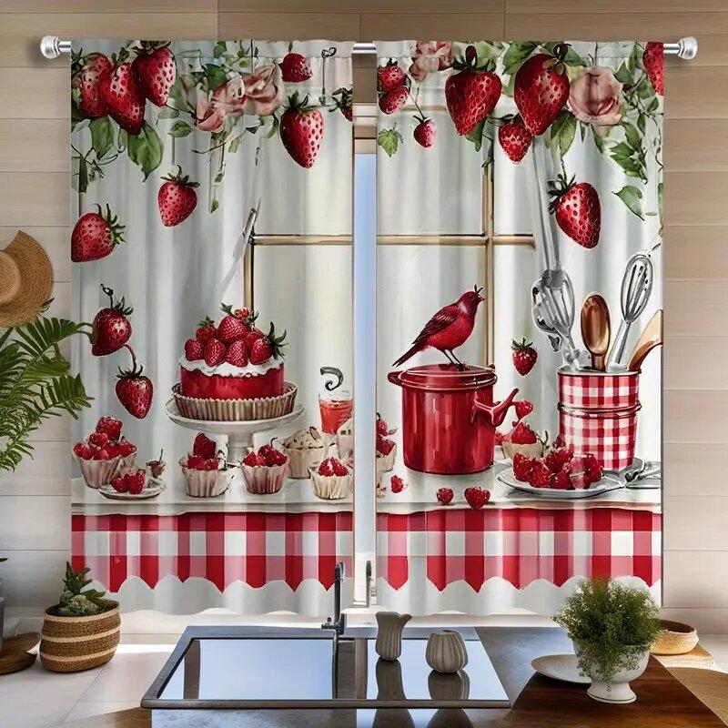 Retro Strawberry-printed Curtains, Suitable for Bedrooms and Living Rooms, Home Decoration, and Christmas