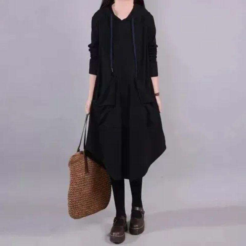 

First-Line Brand Cut the Tag off Women clothes Big Brand Foreign Trade Loose Artistic Mid-Length Large Pocket over the Knee Belly Covering Dress Black M