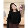 Temperament slanted shoulder one-word neck bottoming shirt women's spring relaxation loose knitted sweater with gray top inside