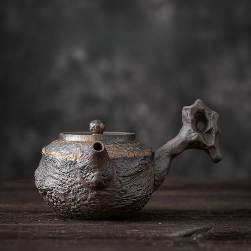 300ml Retro Ceramic Side Handle Teapot Vintage Rough Pottery Gilded Iron Glaze Teapot Tea Maker High-end Kungfu Tea Pot