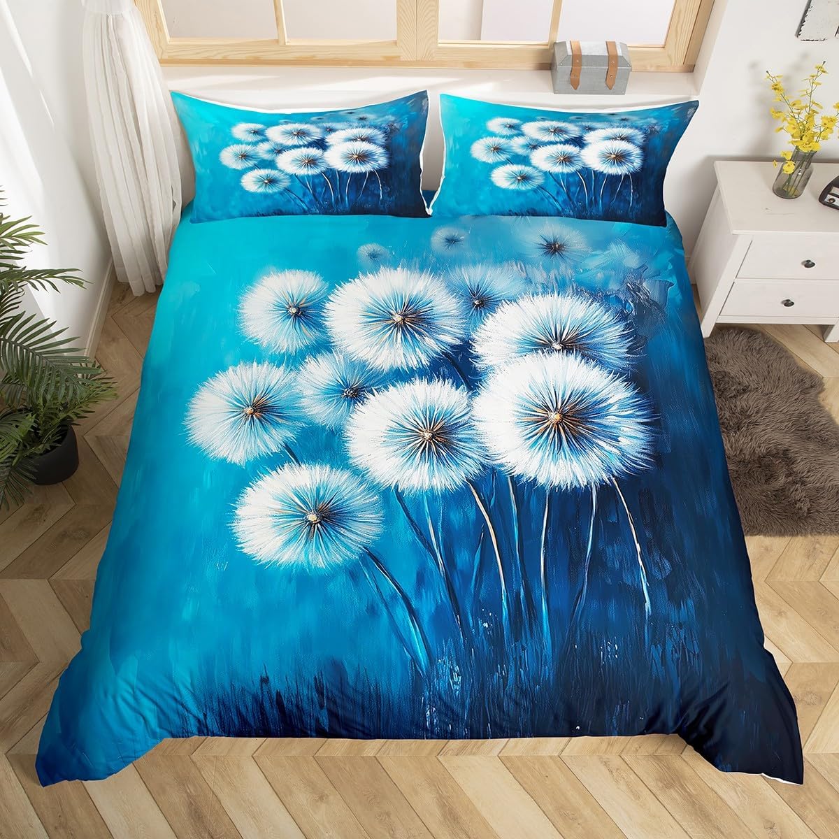 

Dandelion Duvet Cover Full Queen,Natural Wild Botanical Floral Bedding Set, Watercolor Flowers Plants Rustic Style Quilt Cover EU Single(135x200cm)