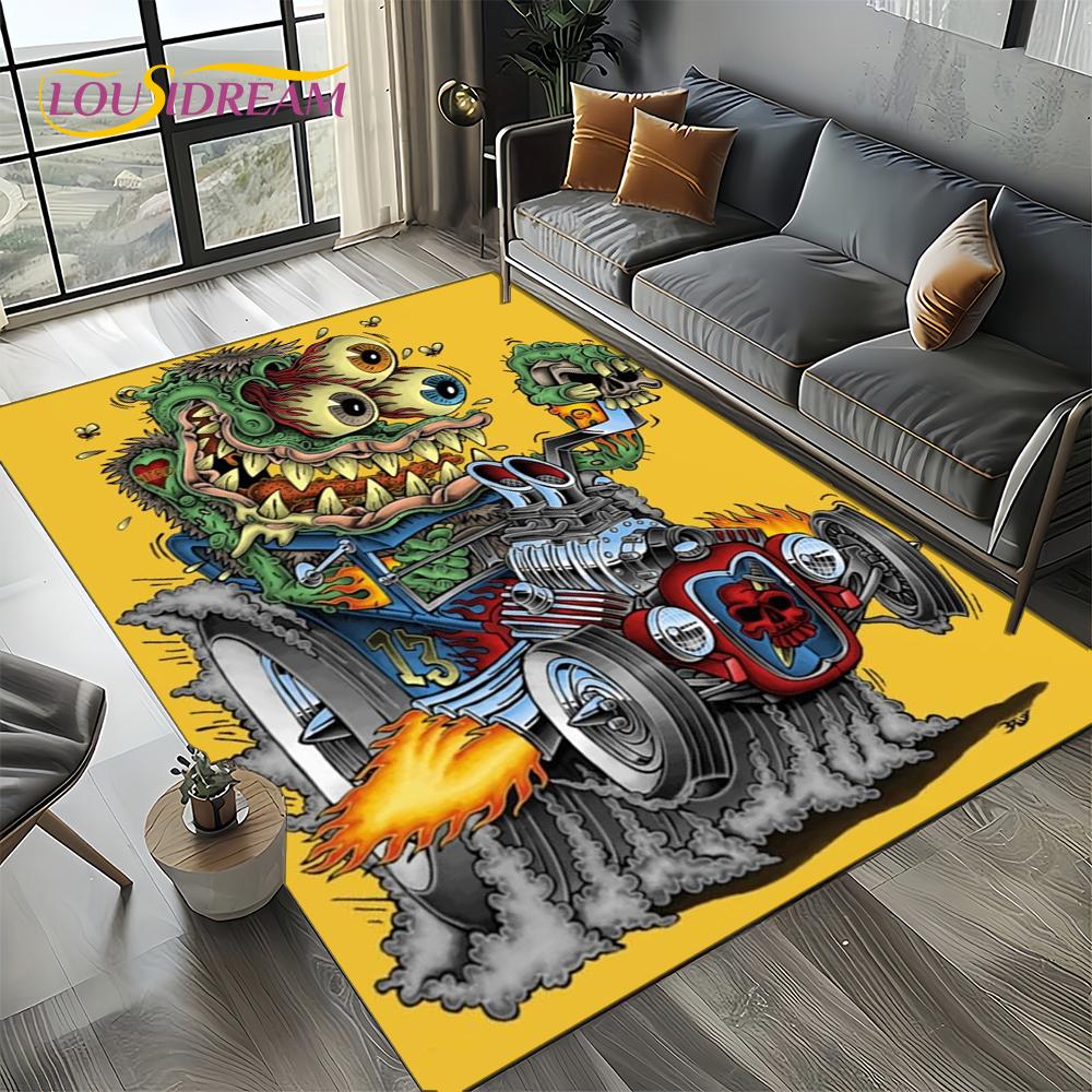 RF Funny Rat Fink Cartoon Motorcycle Sign Carpet Rug for Living Room Bedroom Home Sofa Decoration,Area Rug Non-slip Floor Mat