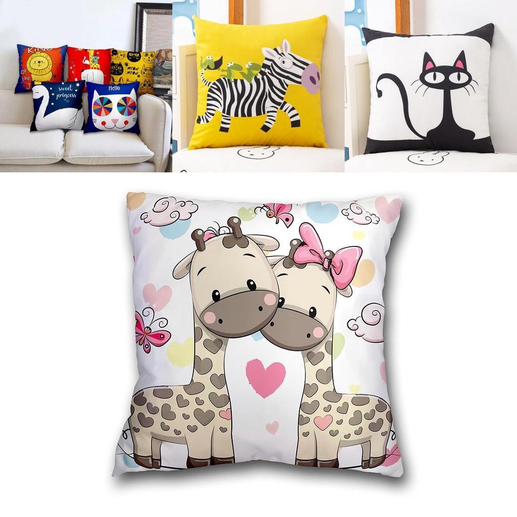 Cartoon Printed Cushion Cover Square Shape Peachskin Fabric For Home Decor