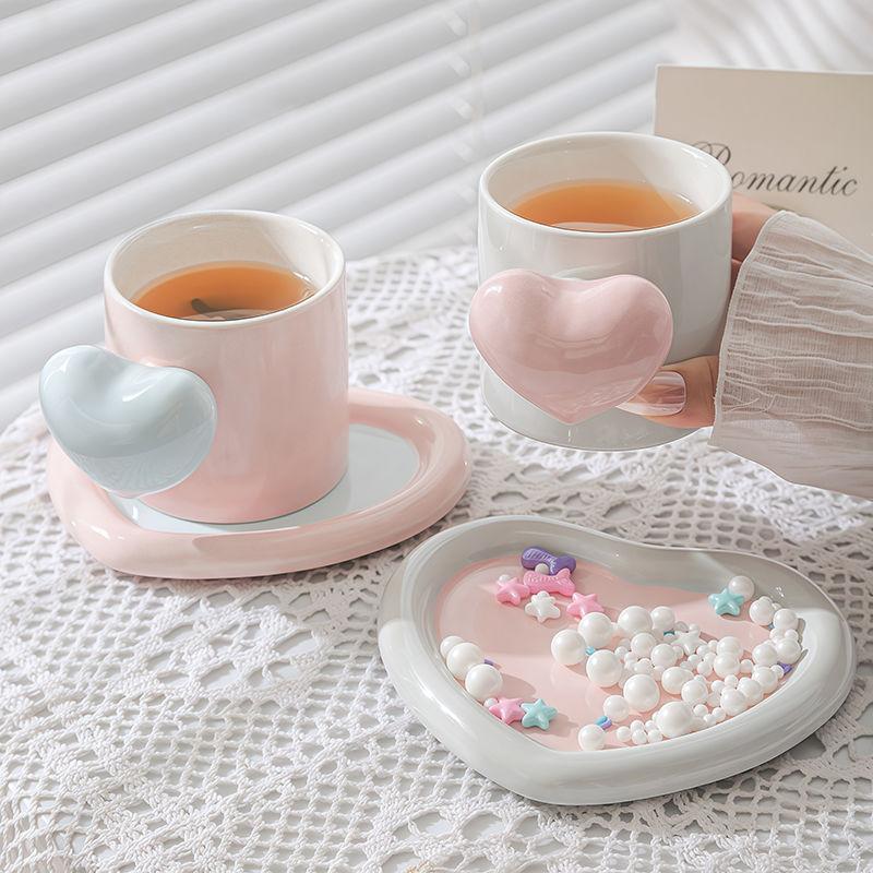 Ceramic Heart Shape Coffee Cup and Saucer Creative Love Couple Mug Exquisite Afternoon Camellia Tea Coffee Cup Breakfast Mug new