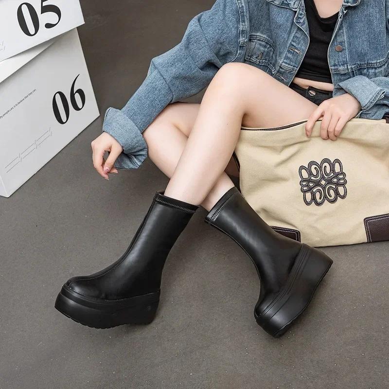 Fashion 8CM 2025 Microfiber Leather Women Vulcanized High Heels White Shoes ZIP Increase Casual Ankle Boots Platform Wedge Shoes