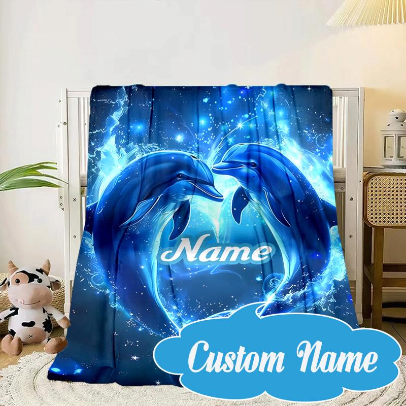 Custom Name Dolphins Starry Night Blanket bed sofa Blanket Flannel Blanket for Camping, Hiking, Picnic Essentials,gift for Fan family