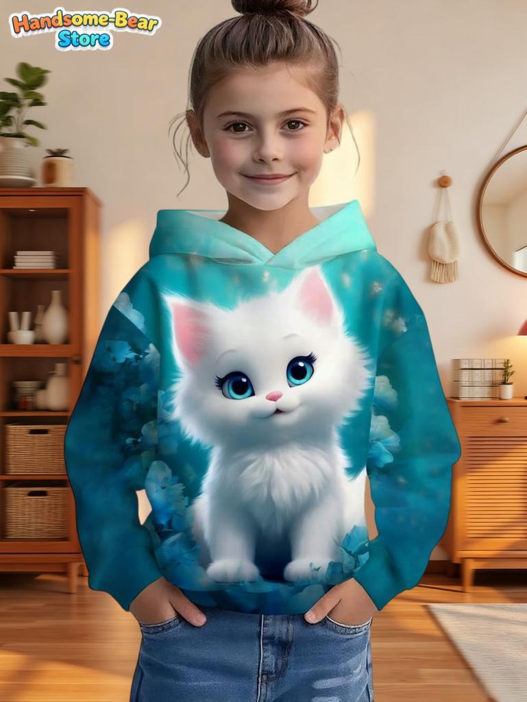 Cute Cat Print Girl Clothes Long Sleeve Sweatshirt Girl Graphic Hoodies Tops Children's Clothing Fashion 3D Print Autumn Clothes