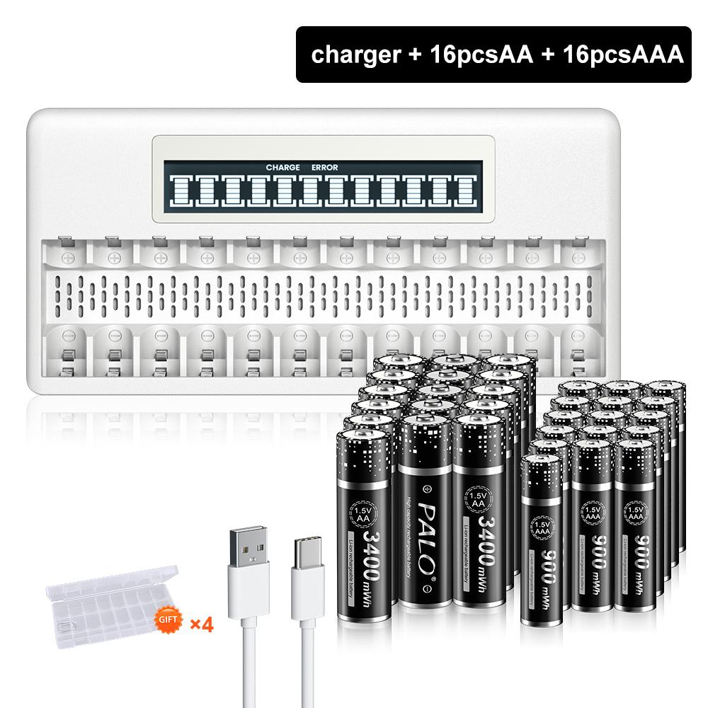 PALO 3400 mWh 1,5 V AA 900 mWh 1,5 V AAA LI-ion dobíjecí baterie AA AAA lithiové baterie +12 slotů Nabíječka baterií 1,5 V AA AAA