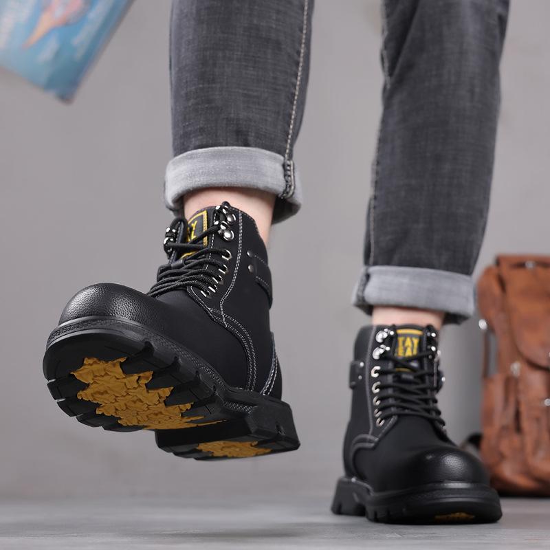 Men's British Style High-Top Leather Boots, Warm Cotton Lining, Anti-Slip Winter Snow Boots