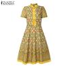 ZANZEA Women Casual Stand Neck Summer Short Sleeve Print Dress