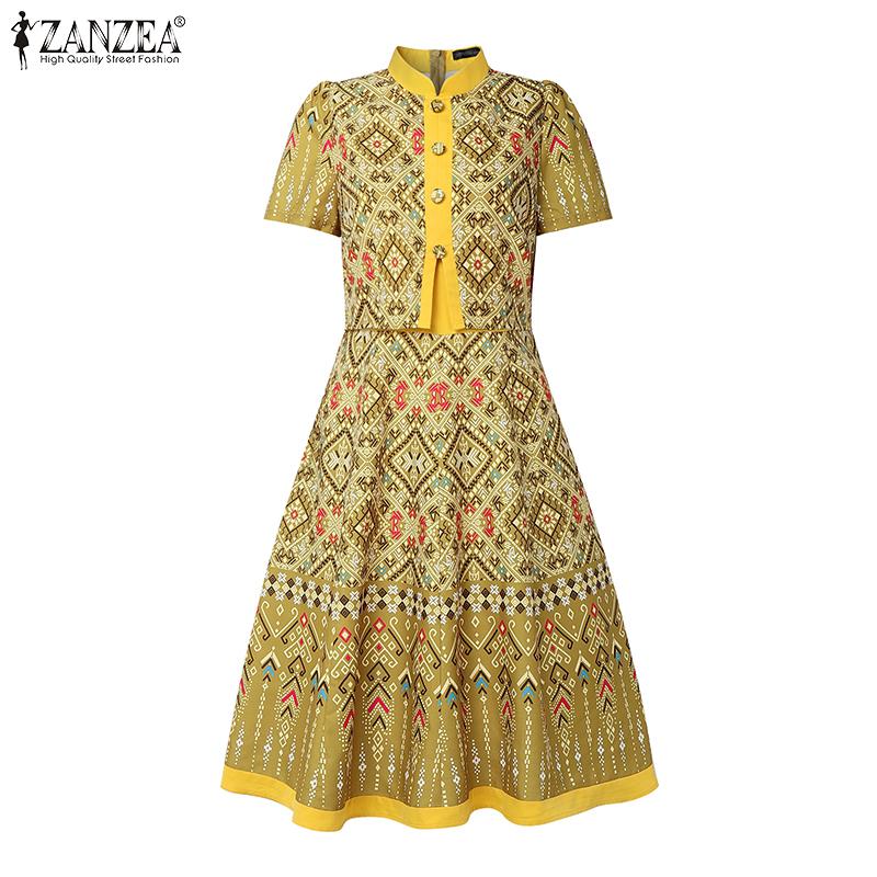 ZANZEA Women Casual Stand Neck Summer Short Sleeve Print Dress