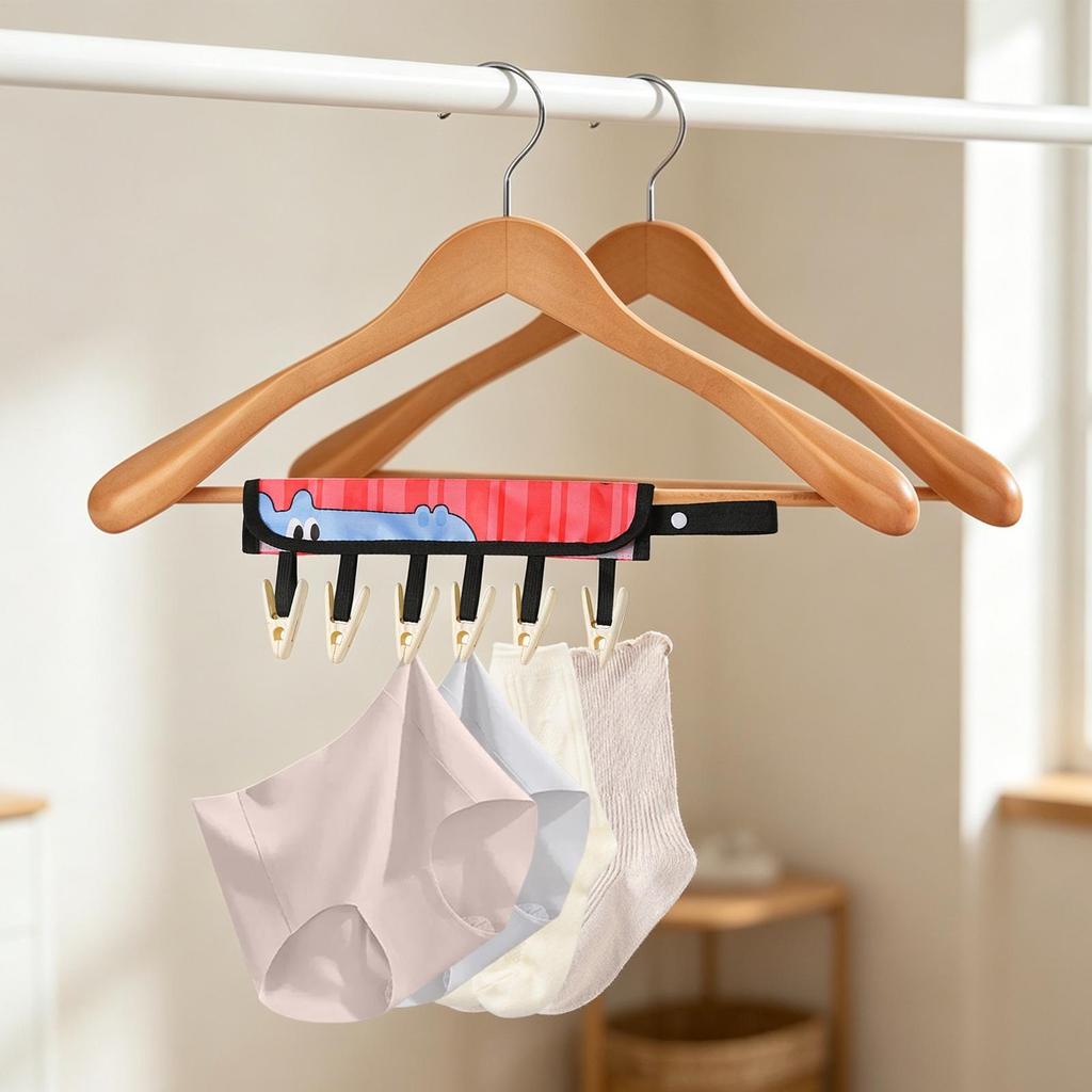 Foldable Travel Hanger 6-Clip Socks Drying Rack Compact Space-Saving Clothes Hanger for Underwear Towels, Hotel Laundry Camping