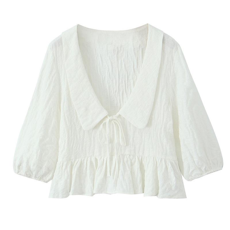

European & American Autumn Women s Fluffy Jacquard Shirt with Round Collar Large
