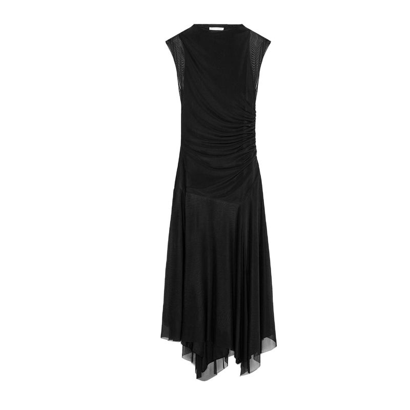 

Spring New Women s Clothing Asymmetric Hem Ruched Silk Net Stand Collar Sleeveless Midi Skirt Dress 5039311 Black L