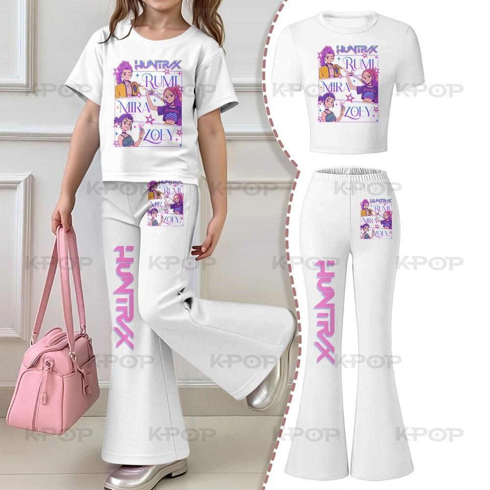 2026 Children's Kpop Hunter Short Sleeve Set Girls' New Style, Regular Short Sleeve Top and Bell Bottom Pants Two Piece Set