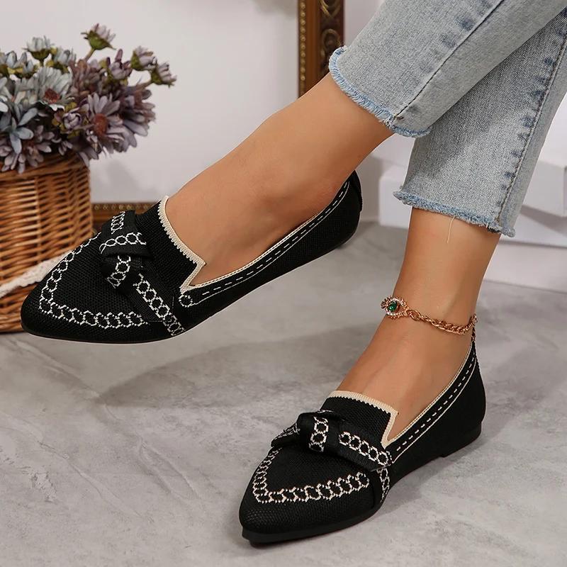 Fashion Rimocy Women Flats 2025 New Knitted Mesh Breathable Loafers Soft Comfort Pointed Toe Casual Shoes Trend Bow Decor Woman Shoes