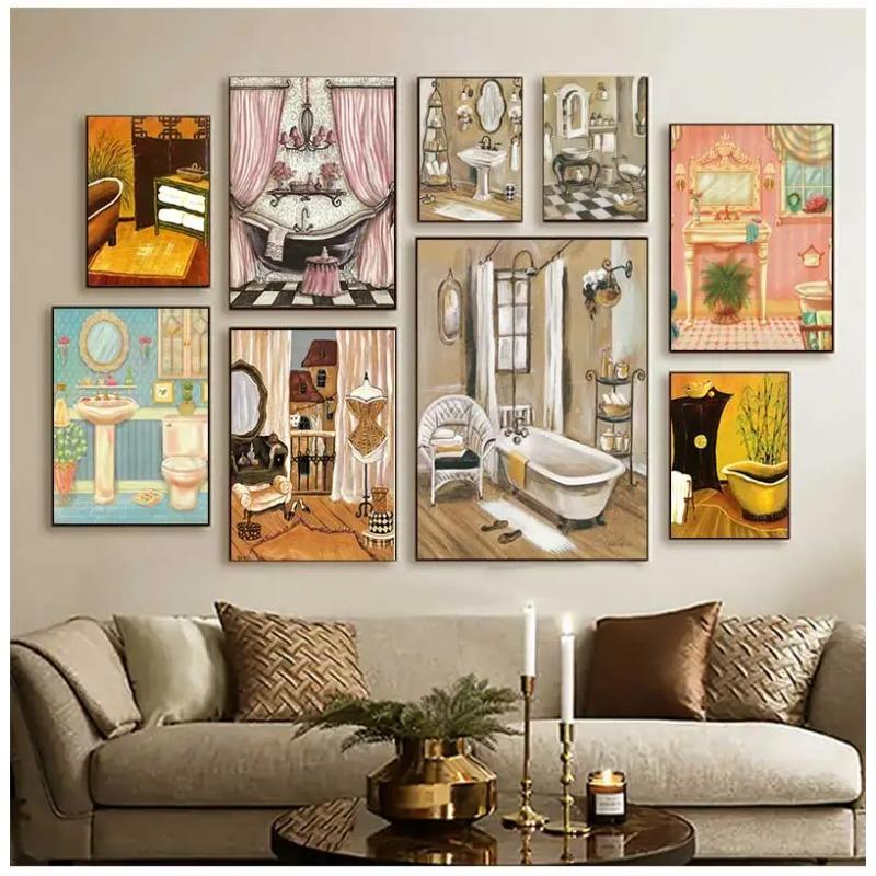 Retro Victorian Bathtub Vintage French Bathroom Tub Poster Canvas Painting Print Wall Art Picture for Bath Room Home Decor