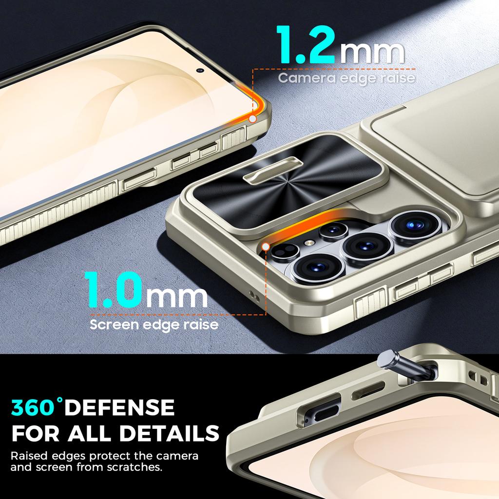 With Card Holder Sliding Camera Cover And Stand For Samsung Galaxy S26 Ultra Phone Case, Anti-Fall PC+TPU Wallet Case-Champagne